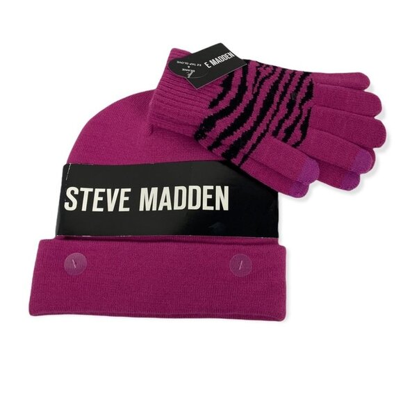 NWT Steve Madden Zebra Print Beanie‎ Hat EZ Tap Gloves Purple New With Tags Set - Picture 1 of 8